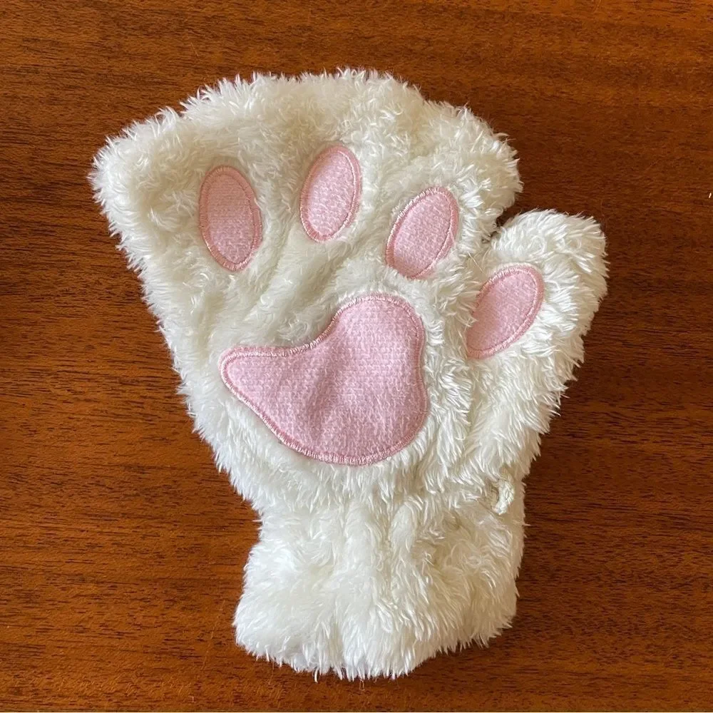 Fuzzy Cat Paw Costume Gloves White with Pink Pads